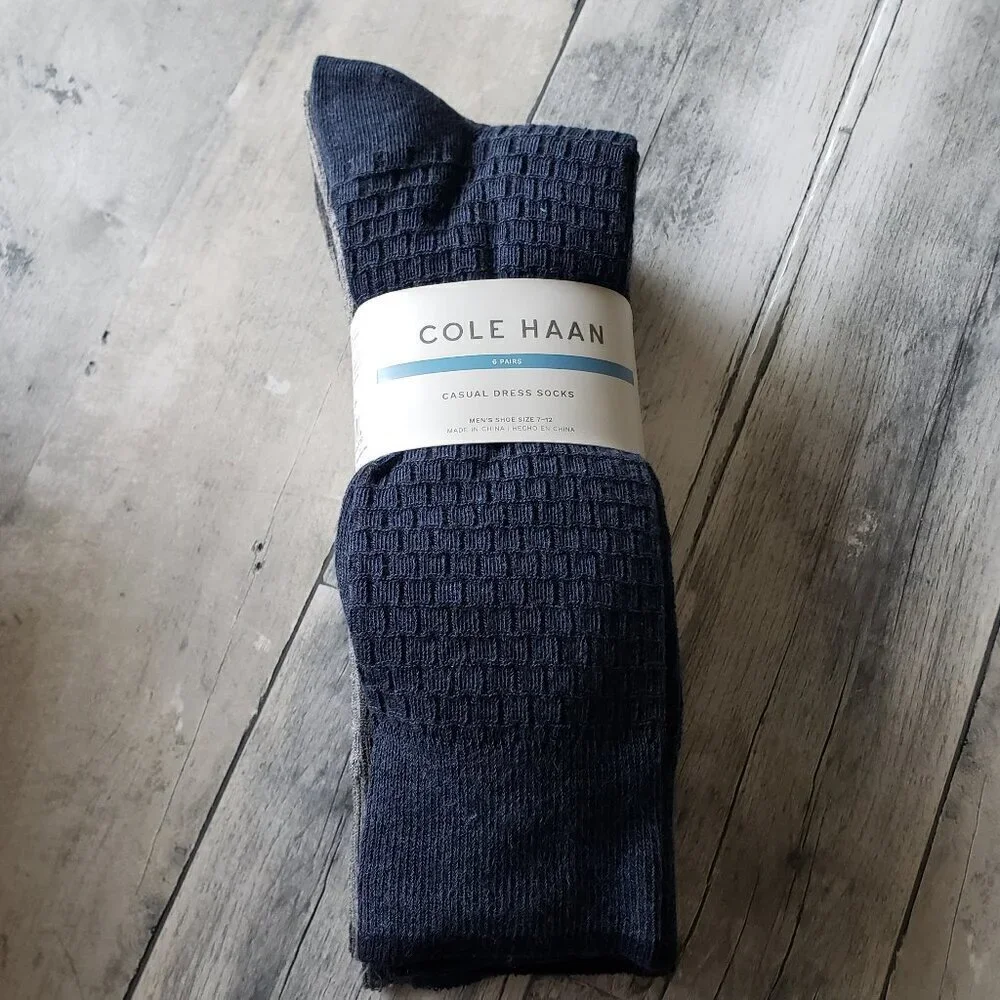 NWT - 6-pair Cole Haan Men's Dress Sock (2) Blue, (2) Dark Gray, (2) Light Gray